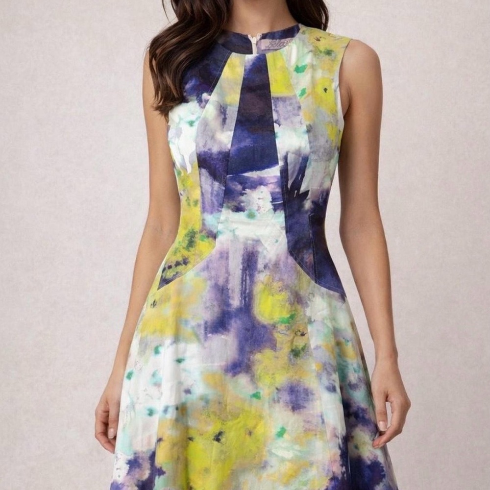 LELA ROSE Multicolor Watercolor Abstract Print Stretch Cotton Sheath Dress